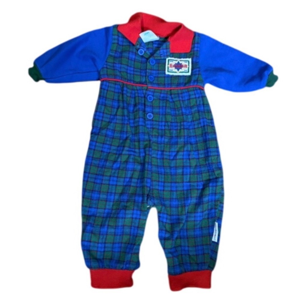 Vintage Healthtex Baby Boy Ranger Plaid Romper Blue Green Red 12 Months